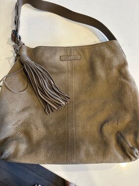 Taupe Leather Hobo Bag with Tassel Shoulder Strap